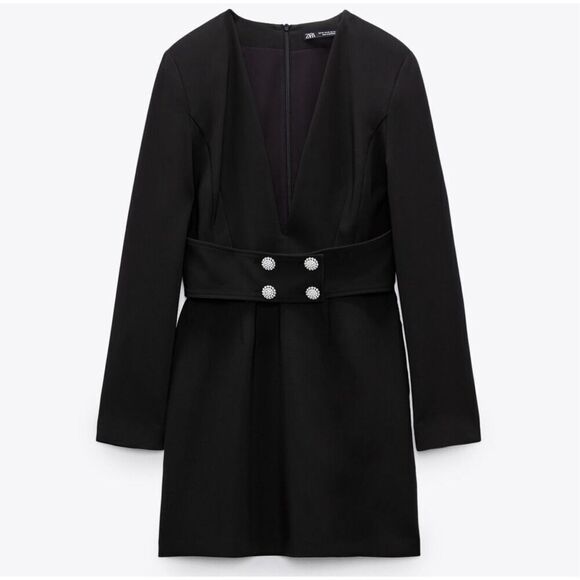 Zara Black Long Sleeve V Neck Belted Mini Dress Size Medium - Picture 8 of 12
